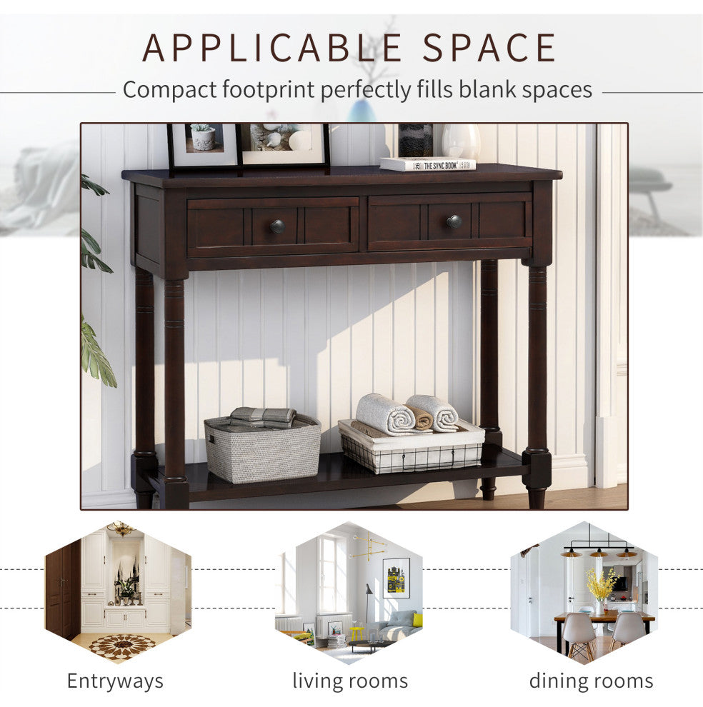 TATEUS Espresso Finish Solid Wood Console Table With Drawers, Espresso