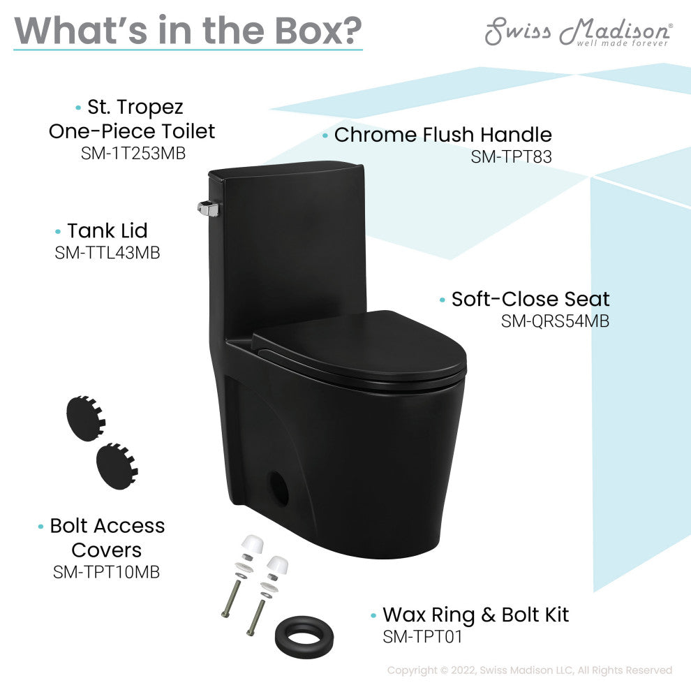 St. Tropez One Piece Elongated Toilet Side Flush, Matte Black