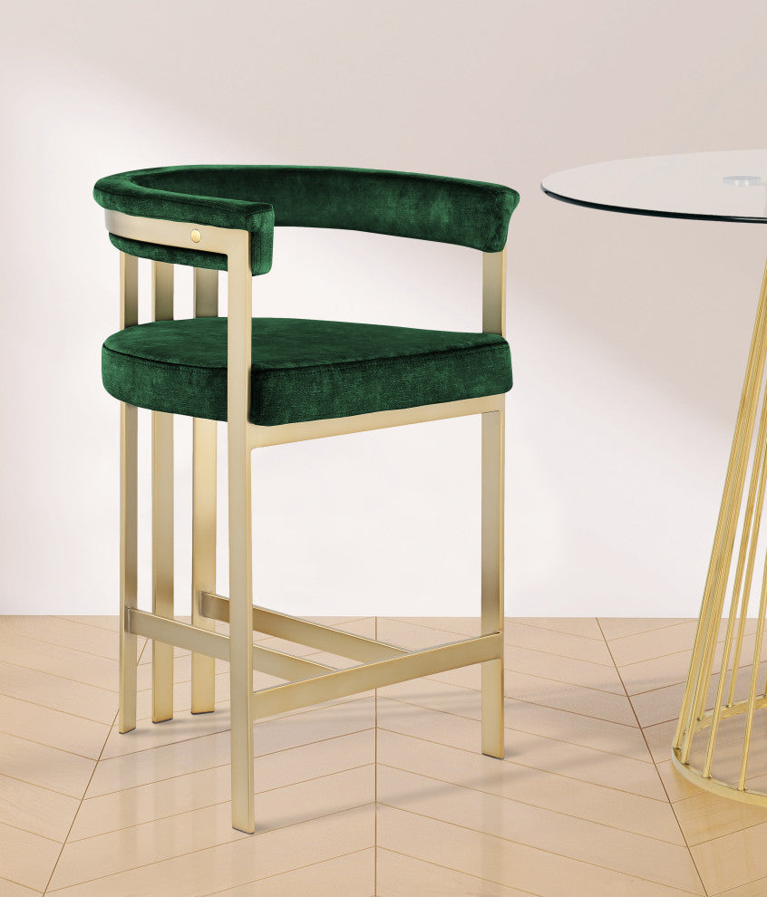 Marcello Upholstered Counter Stool, Green, Velvet, Brushed Brass