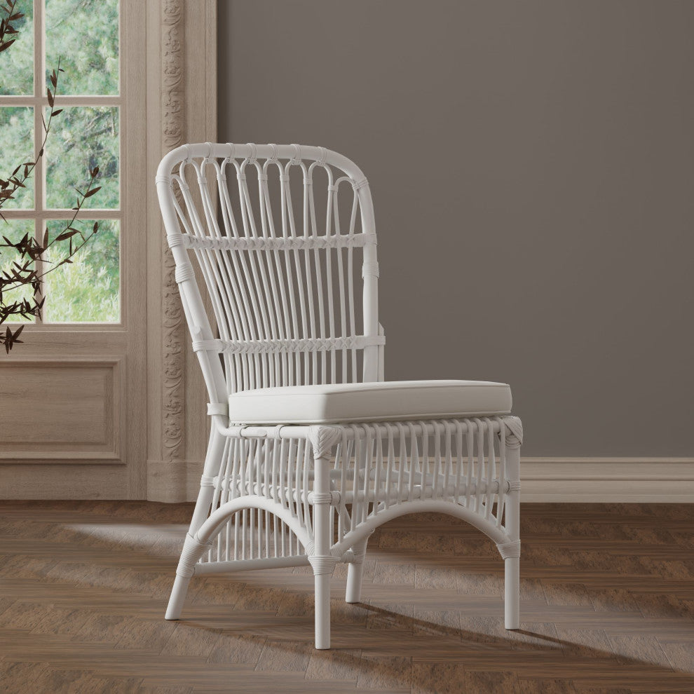 Rattan Loop Side Chair With Seat Cushion, Set of 2, White
