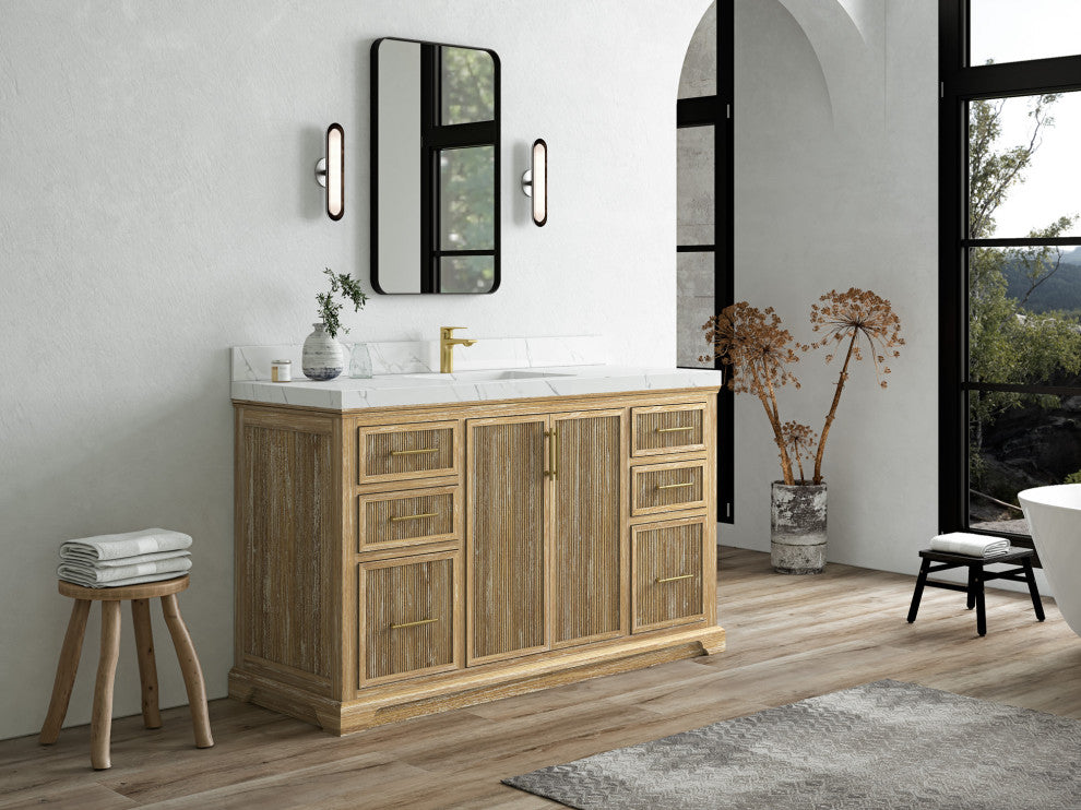 Alys Teak 60 Single Sink Bathroom Vanity Whitewashed 1.5" Calacatta Laza