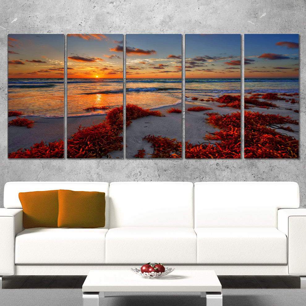 Beautiful Shore and Cloudy Sky, Landscape Canvas Print, 60"x28", 5 Panels