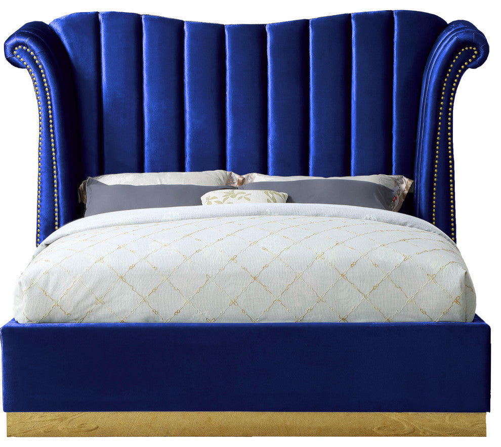 Flora Black Velvet Bed, Navy, Queen