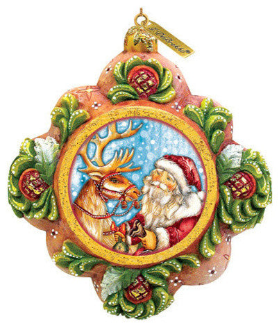 Hand Painted Scenic Ornament Santa With Reindeer