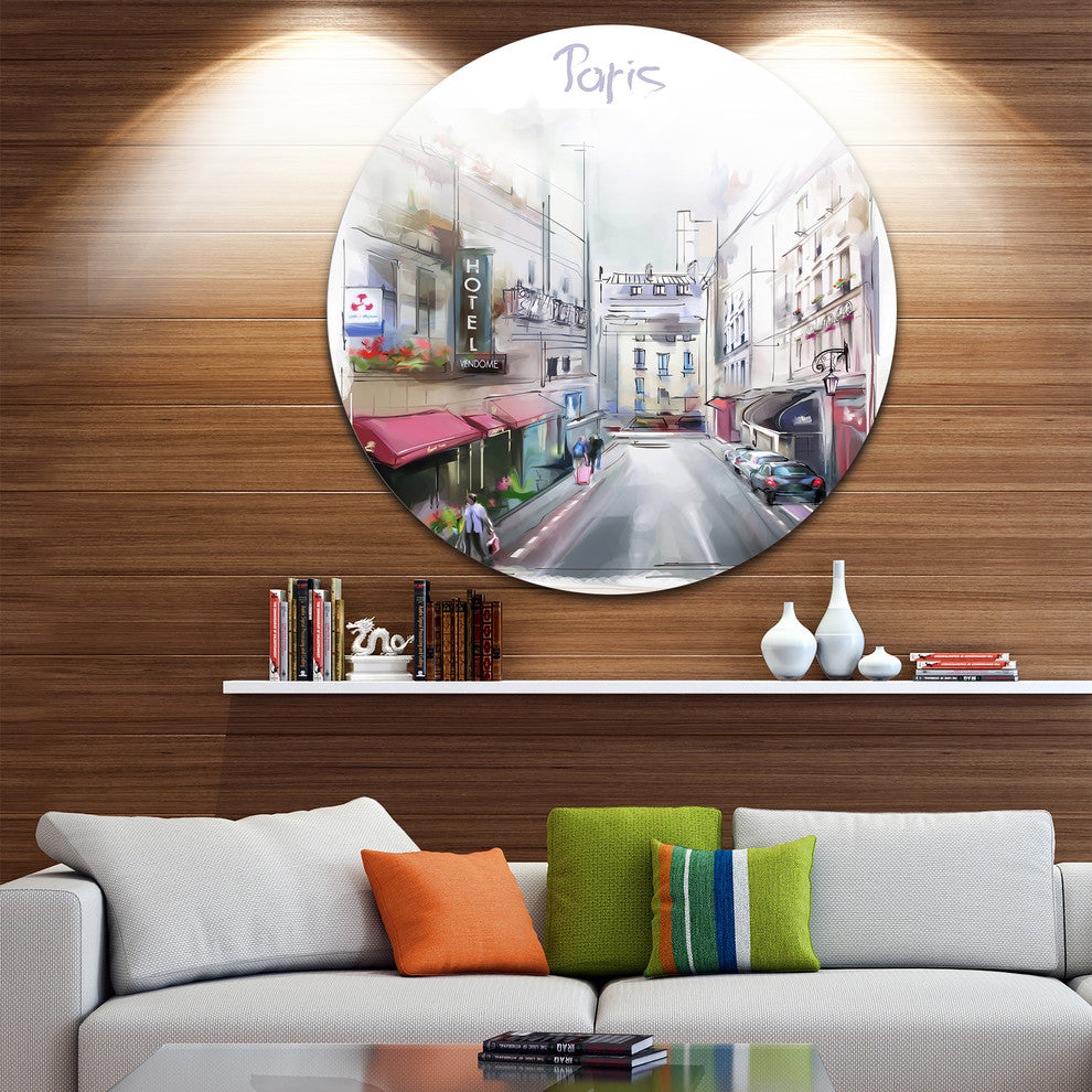 Paris Illustration, Cityscape Digital Large Disc Metal Wall Art, 36"