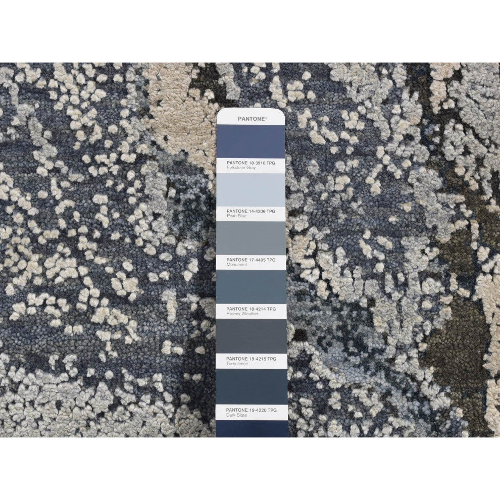 Blue, Geological Design, Wool and Pure Silk, Hand Knotted Rug, 6'x9'2"