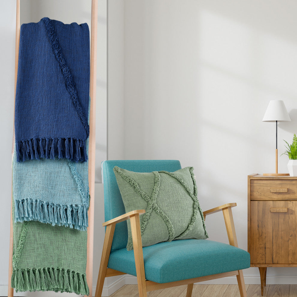 Bohemian Basics Decorative Diamond Tufted Cotton Throw Blanket, Light Green