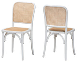 Neah Japandi White Wood and Natural Rattan 2-Piece Dining Chair Set