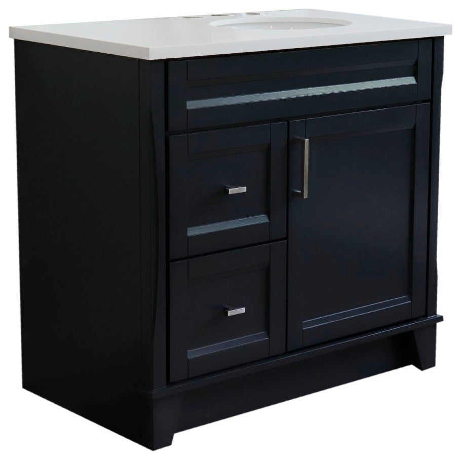 37" Single Sink Vanity, Dark Gray Finish With White Engineered Stone Top