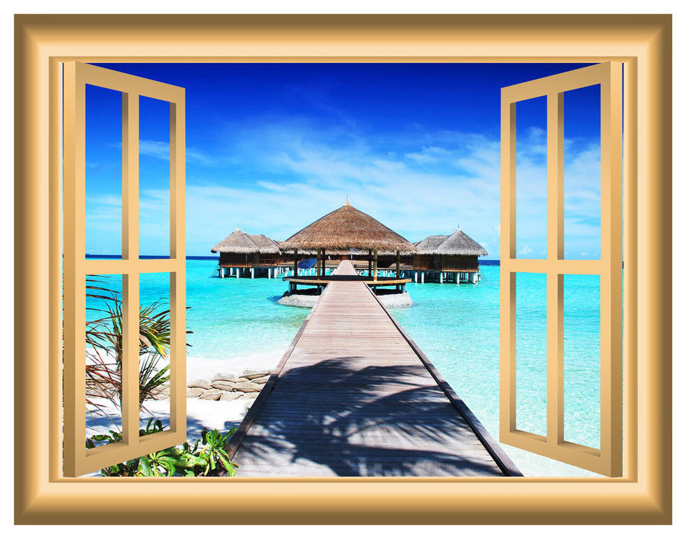 Beach Hut Decor Ocean Window Decal Peel and Stick Mural, 18"x22"