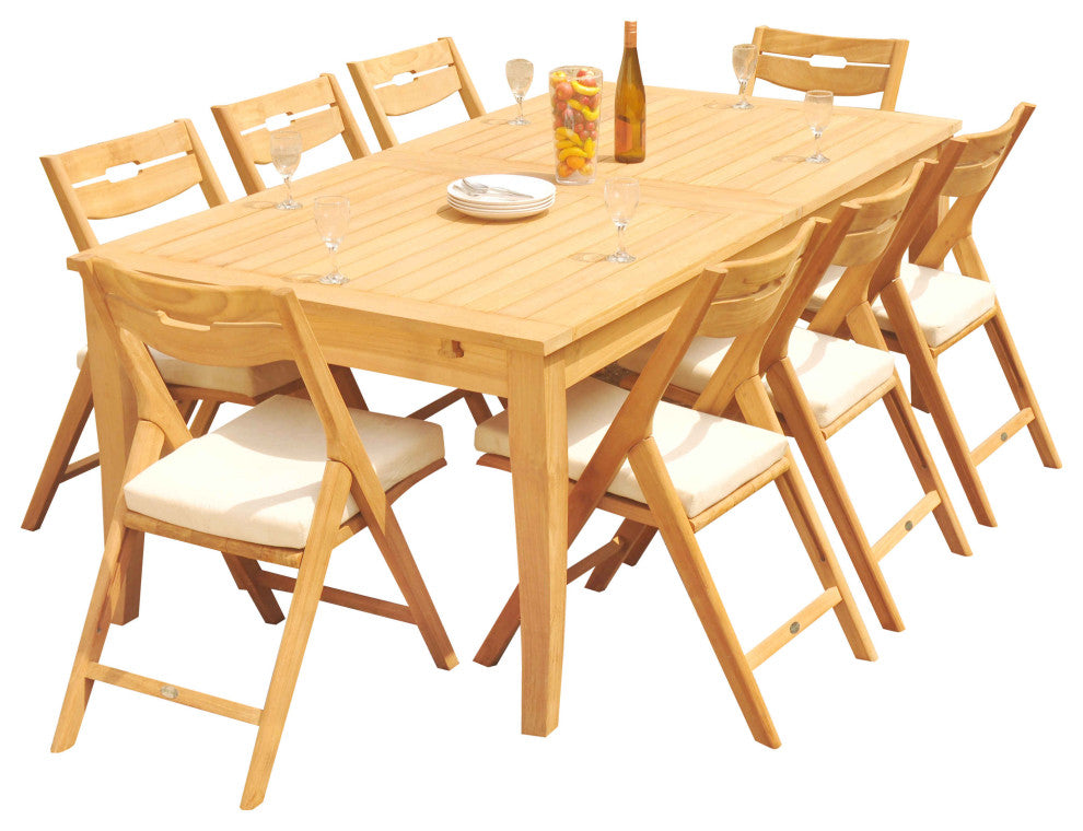 9-Piece Teak Dining Set: 122" X-Large Rectangle Table, 8 Surf Folding Chairs