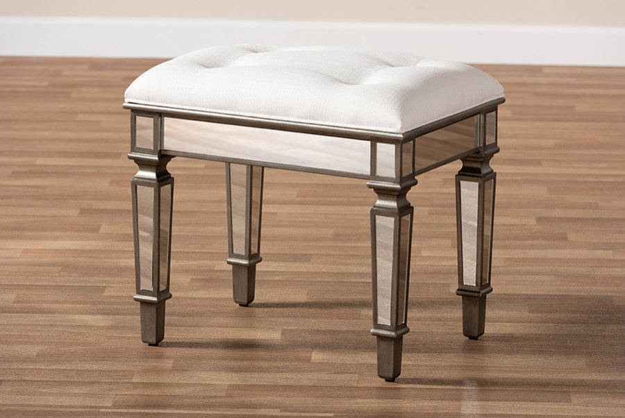 Keswick Off White Fabric Mirrored Ottoman Vanity Bench