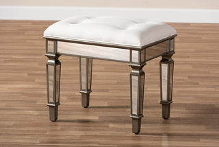 Keswick Off White Fabric Mirrored Ottoman Vanity Bench