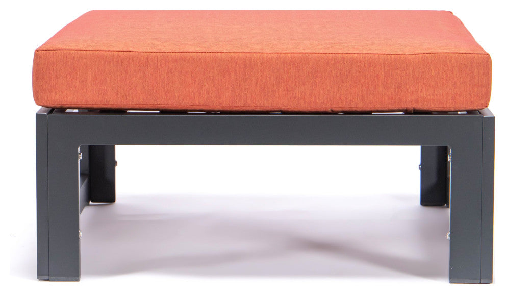 LeisureMod Chelsea Outdoor Black Ottomans With Cushions Set Of 2, Orange