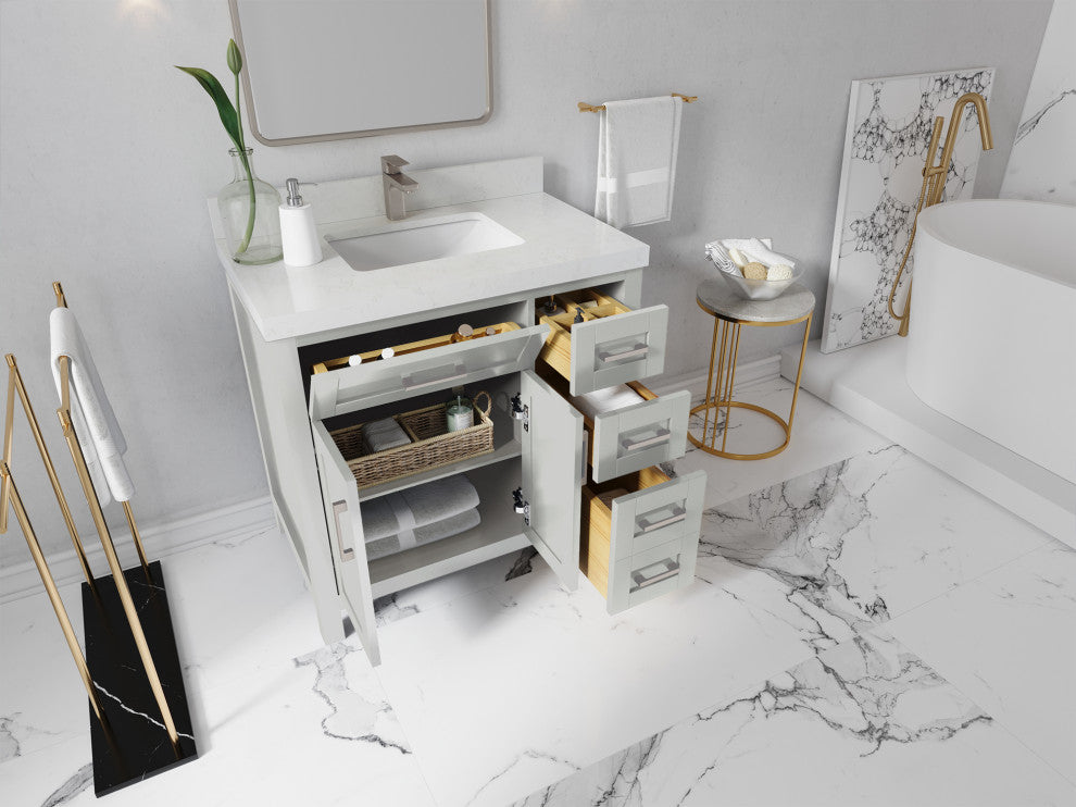 Cambridge 36 Center Sink Bath Vanity in Coventry Gray 2" Calacatta Laza