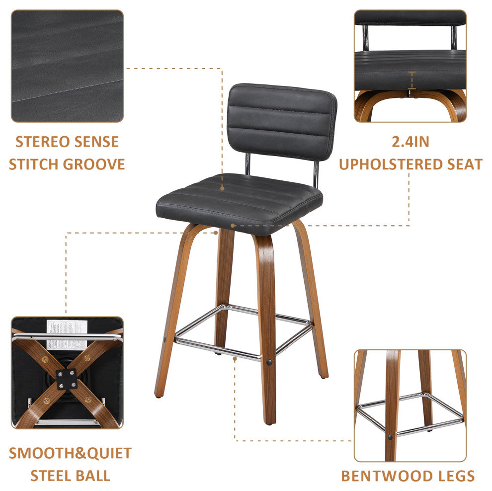 Swivel Bar Stool Leather Bar Stool, Wood Legs, Counter Height, Pu, Set of 2, Gray, 26"