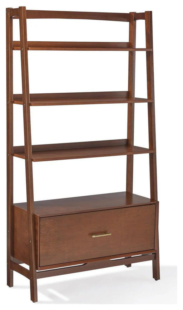 Mid Century Modern Bookcase, Open Compartments With Lower Cabinet, Mahogany