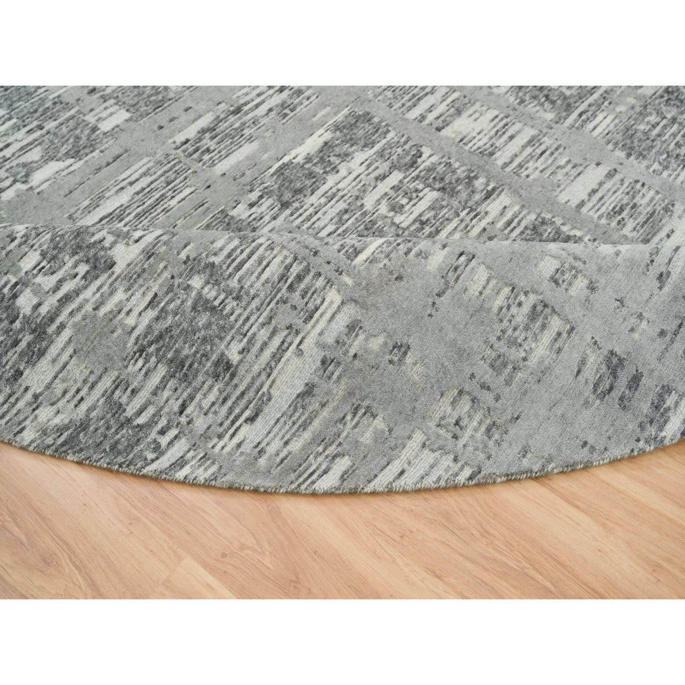 Dark Gray Hand Spun Undyed Wool,Hand Knotted,Round Oriental Rug, 10'1"x10'1"