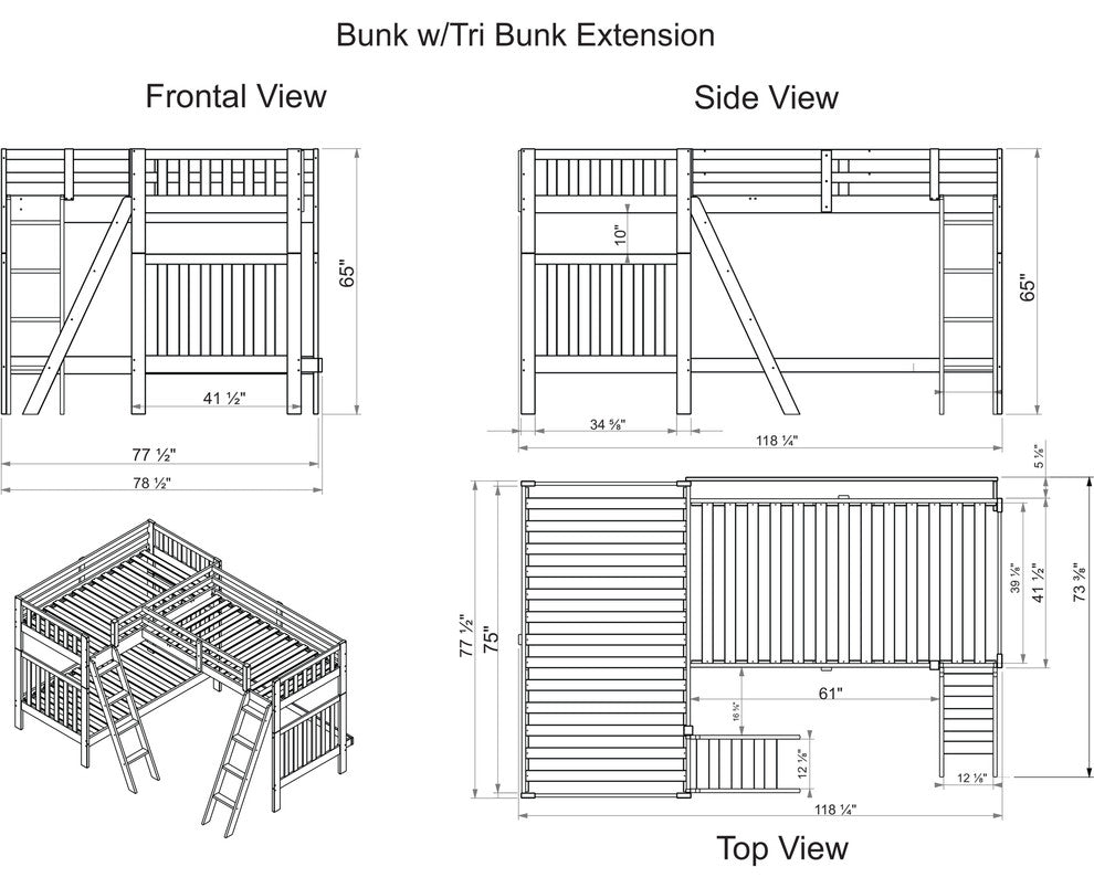 Aurora Twin Over Twin Bunk Bed with Third Bunk Extension and Storage Drawers
