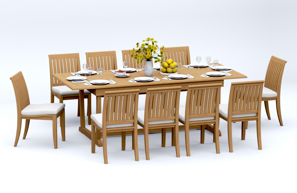 11-Piece Outdoor Teak Dining: 94" Masc Rectangle Table, 10 Lagos Armless Chairs