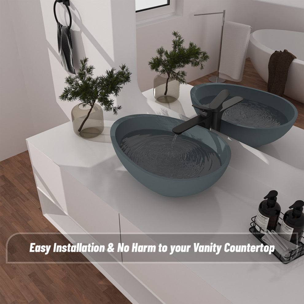 21in Bathroom Egg-shaped Concrete Vessel Sink With Drainer, Blue Ashes