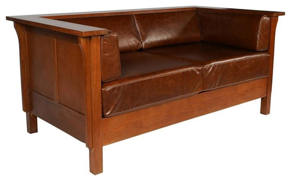 Arts and Crafts / Craftsman Cubic Panel Side Love Seat - Chestnut Brown Leather