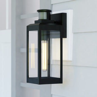 Kinzie Black Motion Sensor Dusk to Dawn Outdoor Wall Light Fixture Clear Glass, 5"wx13.75"hx6"d