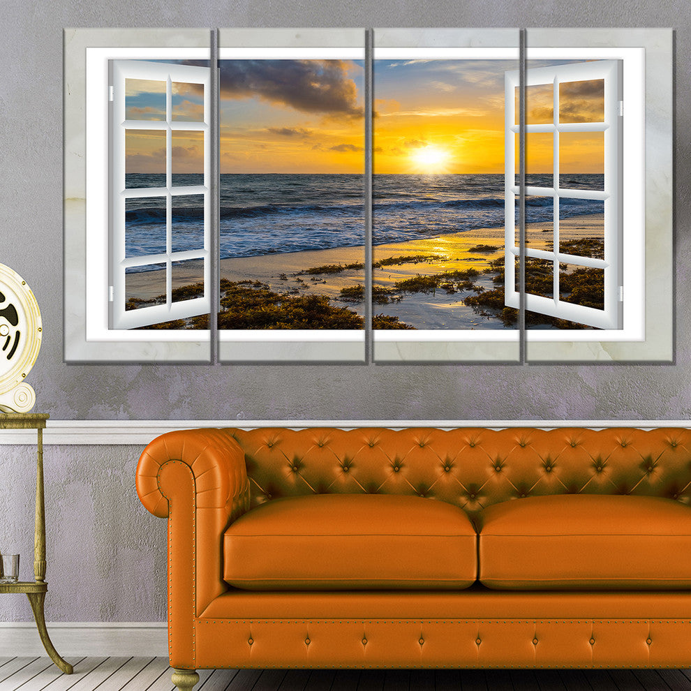 "Open Window To Bright Yellow Sunset" Modern Wall Art, 4 Panels, 48"x28"