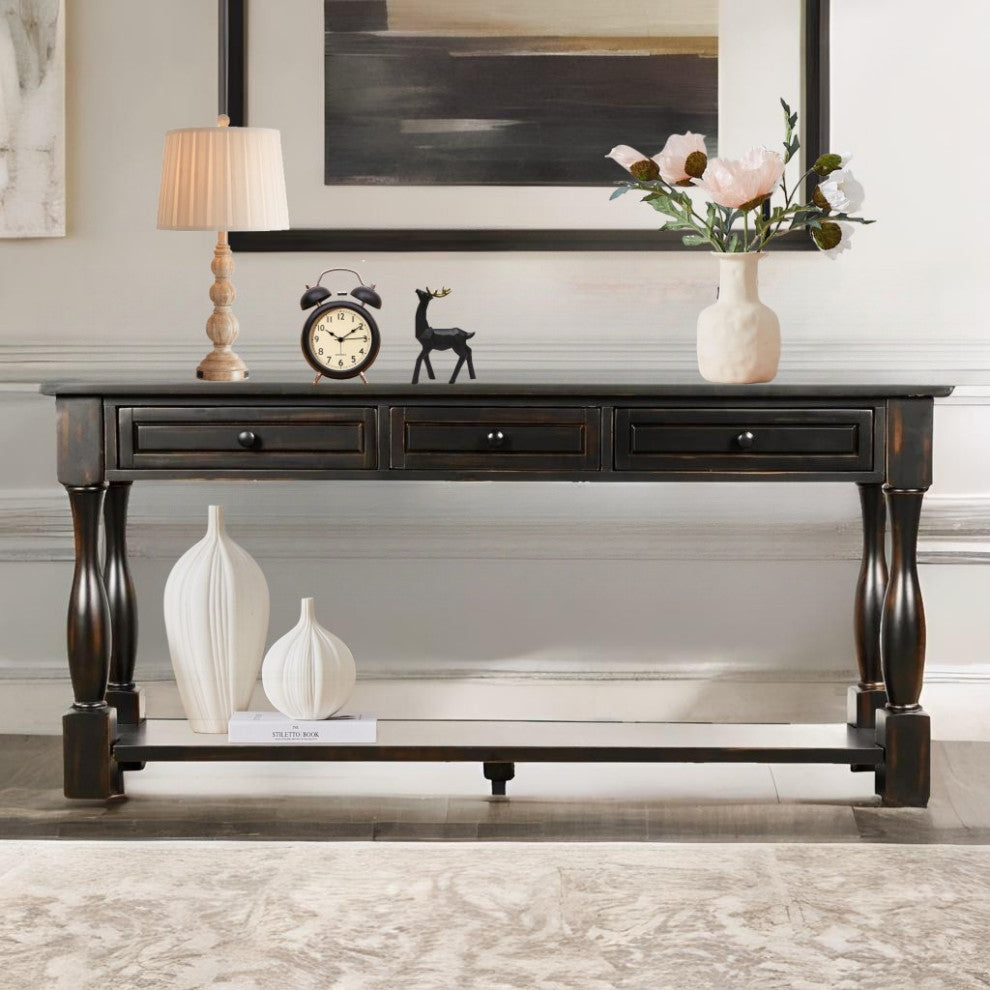 Black 64" Console Table With Drawers and Shelf