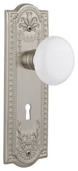 Double Meadows Plate With White Porcelain Knob, Satin Nickel