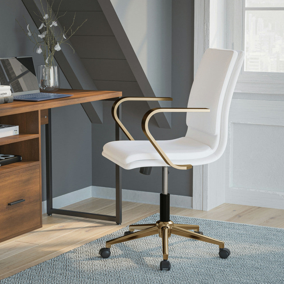 James Mid-Back Executive Upholstered Office Chair with Arms, White/Gold