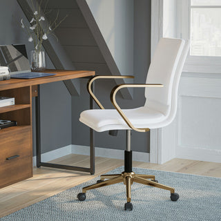 James Mid-Back Executive Upholstered Office Chair with Arms, White/Gold