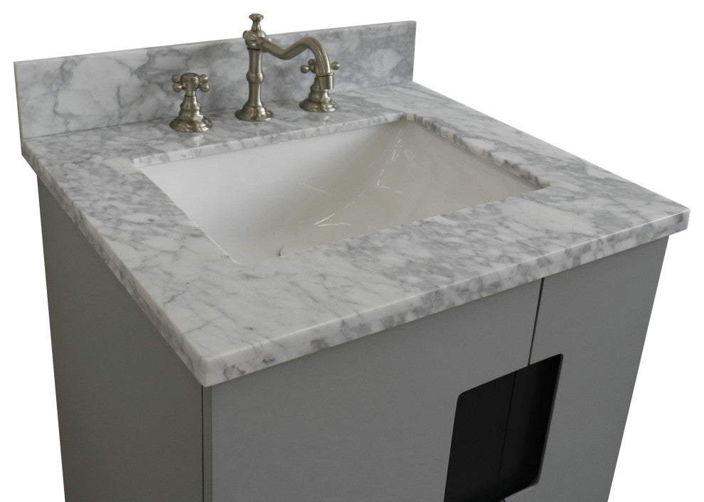 25" Single Sink Vanity, Light Gray Finish With White Carrara Marble