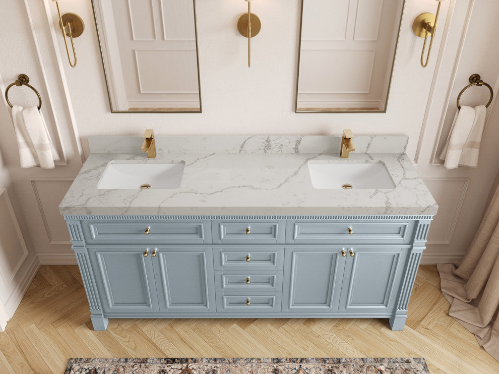 Paris 72" Double Sink Bathroom Vanity, Blue Heather 2" Venatino Quartz