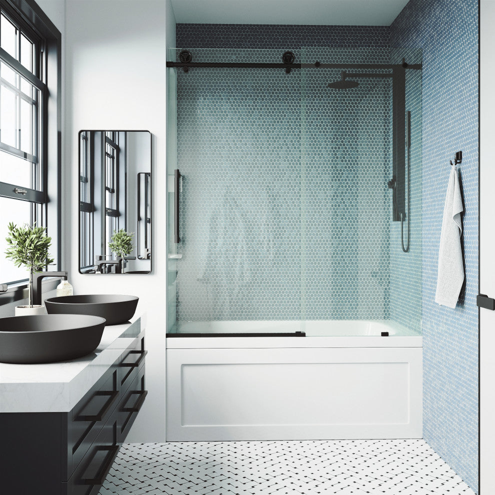 VIGO Elan Cass Aerodynamic 56" to 60" W x 66" H Frameless Sliding Tub Door, Matte Black, Clear Glass