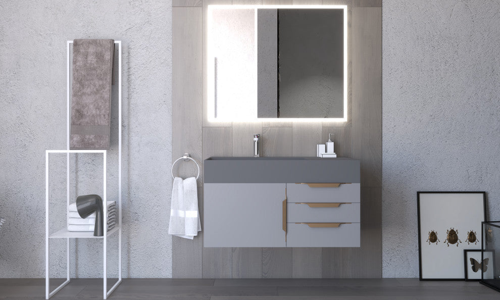 CastelloUSA Amazon 36" Wall Mount Vanity Set, Gray, Gray Top, Gold Handles