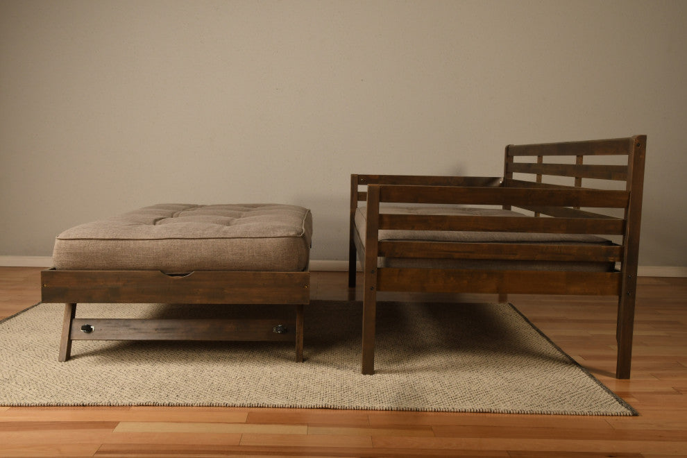 Boho Daybed With Pop Up and Linen Stone Mattresses, Rustic Walnut