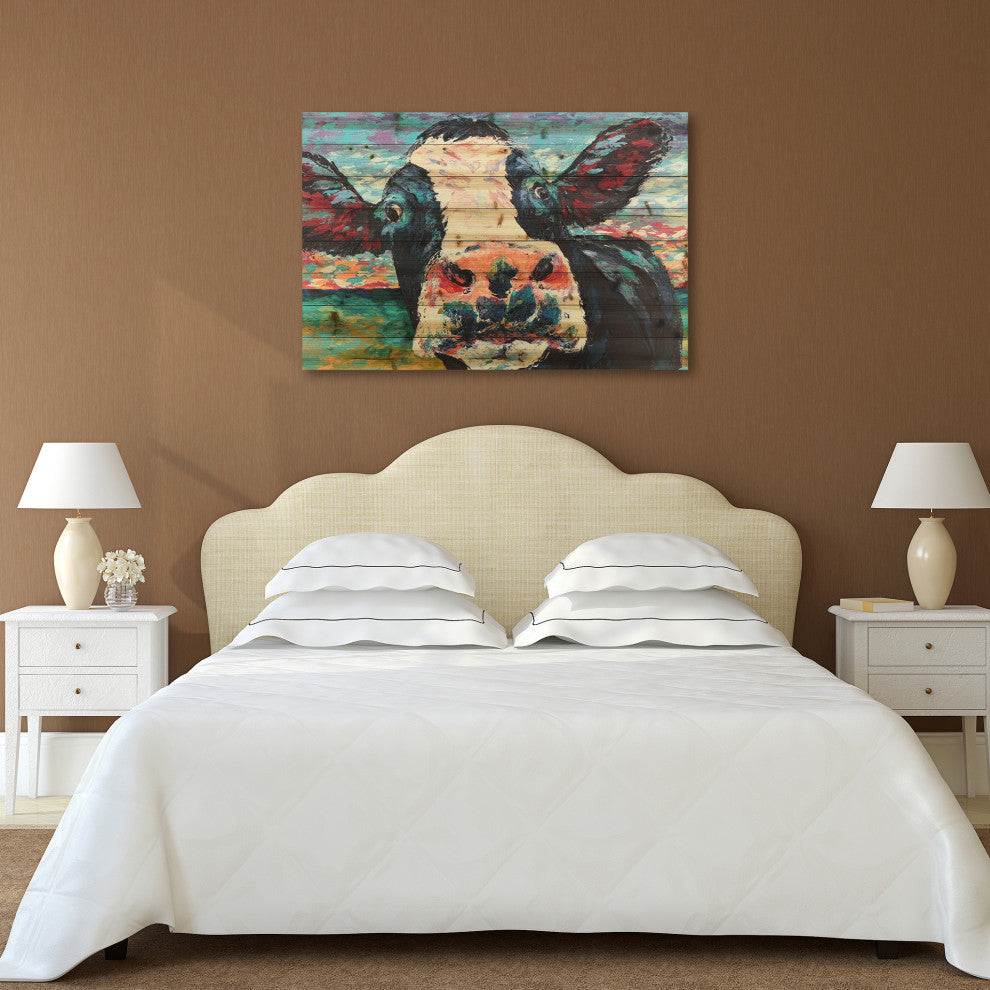 "Curious Cow" Wall Art Digital Print on Solid Wood, 45"x1.5"x30"