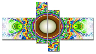 Green Fractal Circles and Waves, Abstract Canvas Art Print, 60"x32", 4 panels