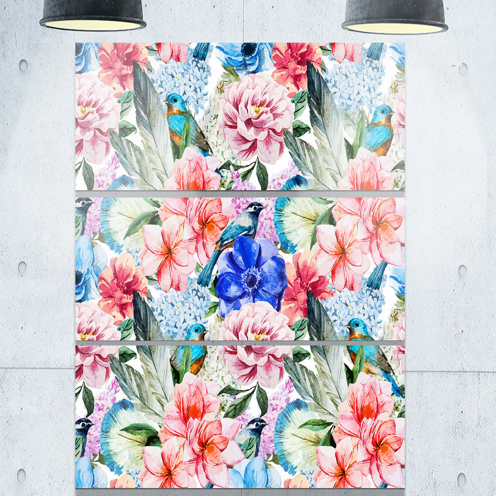 "Colorful Flowers and Birds Watercolor" Metal Wall Art, 3 Panels, 28"x36"