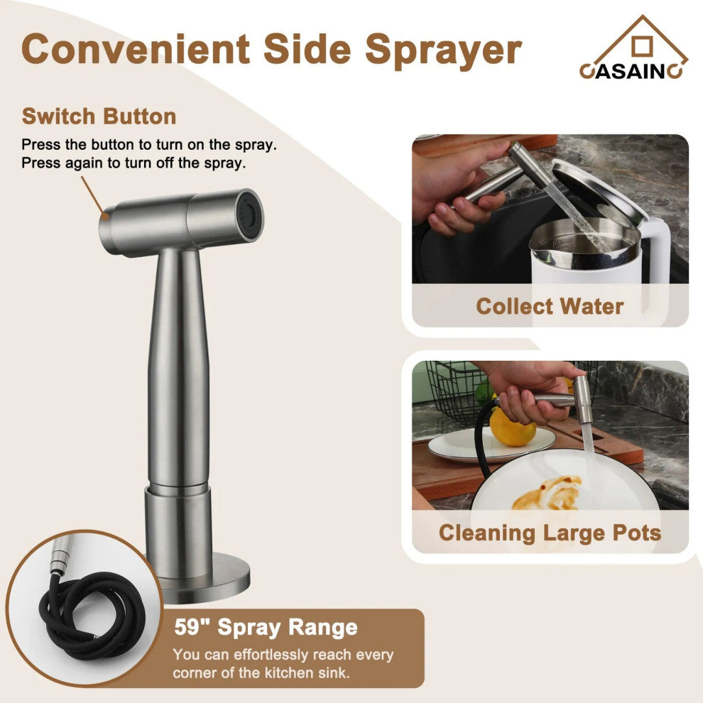CASAINC Bridge Kitchen Faucet Double Handle with Side Sprayer 3 Color, Brushed Nickel