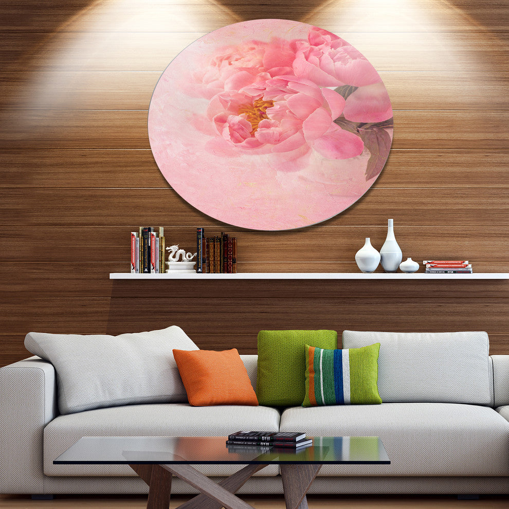 Peony Flowers On Pink Background, Floral Round Metal Wall Art, 23"