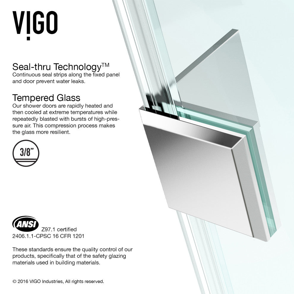 VIGO Monteray 34"D x 34"W x 73"H Frameless Hinged Shower Enclosure, Chrome, Without Base