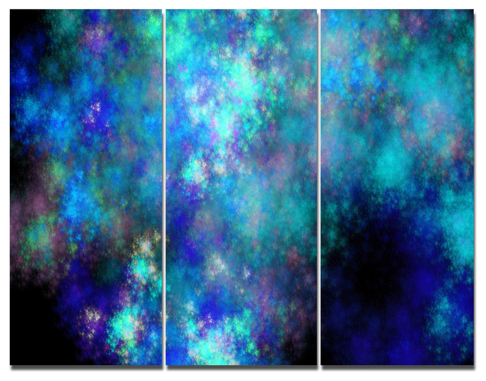 Light Blue Starry Fractal Sky, Contemporary Triptych Canvas Art, 36x28, 3 Panels
