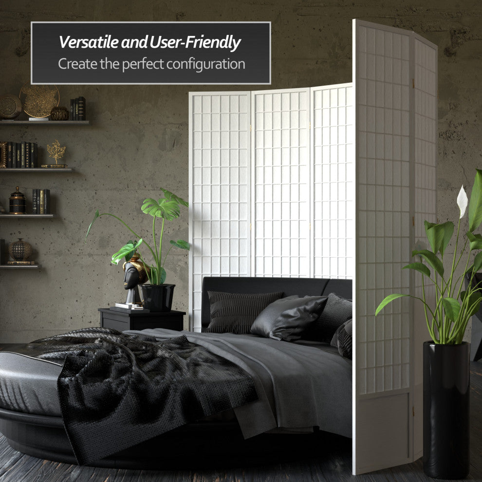 7' Tall Window Pane Shoji Screen, White, 6 Panels