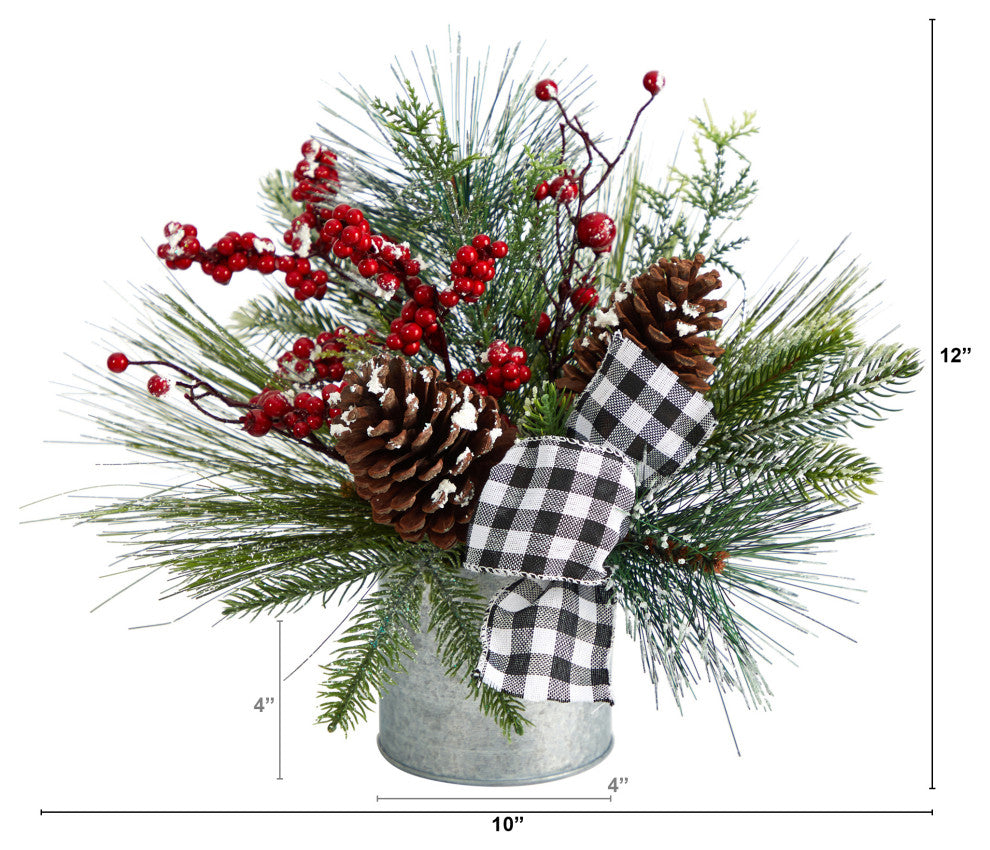 12" Frosted Pinecones and Berries Faux Arrangement, Vase W/ Decorative Plaid Bow