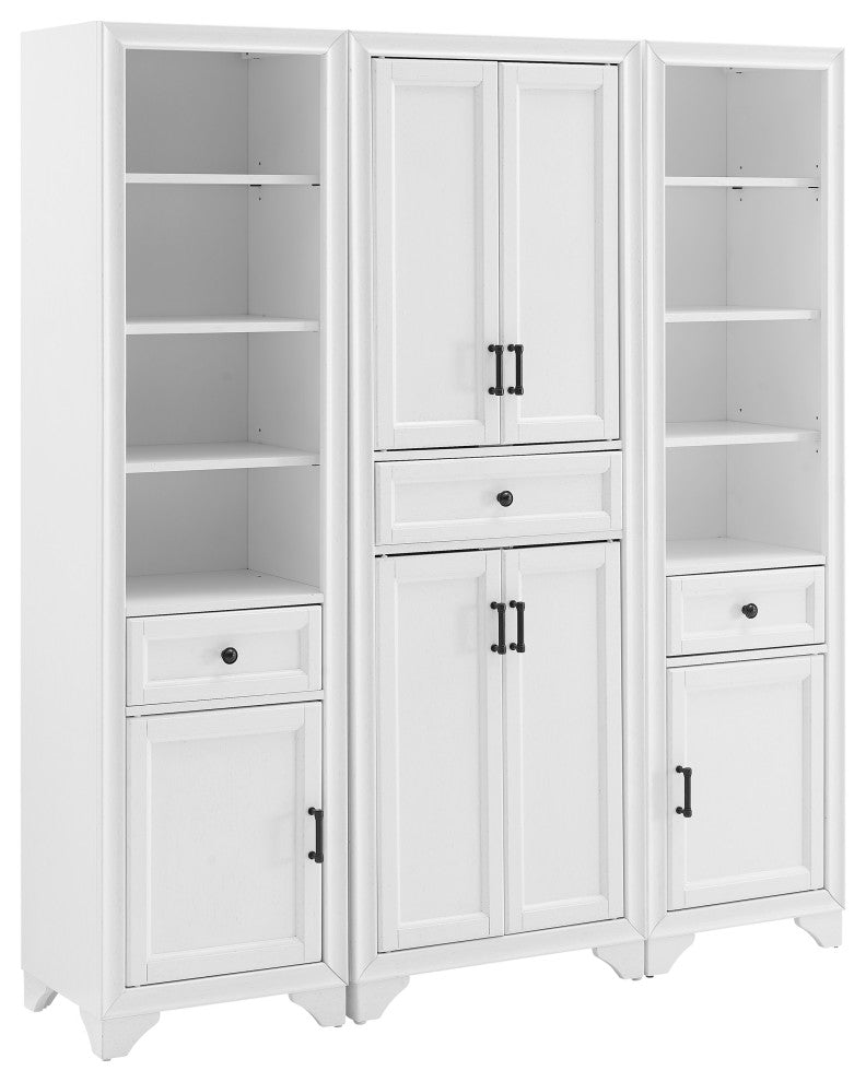 Tara 3-Piece Pantry Set, Distressed White Pantry and 2 Linen Cabinets