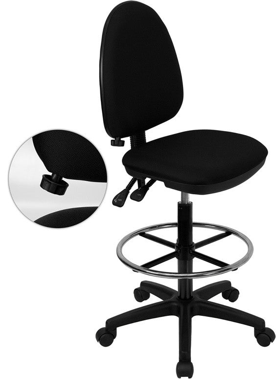 Mid-Back Black Fabric Drafting Chair with Adjustable Lumbar Support