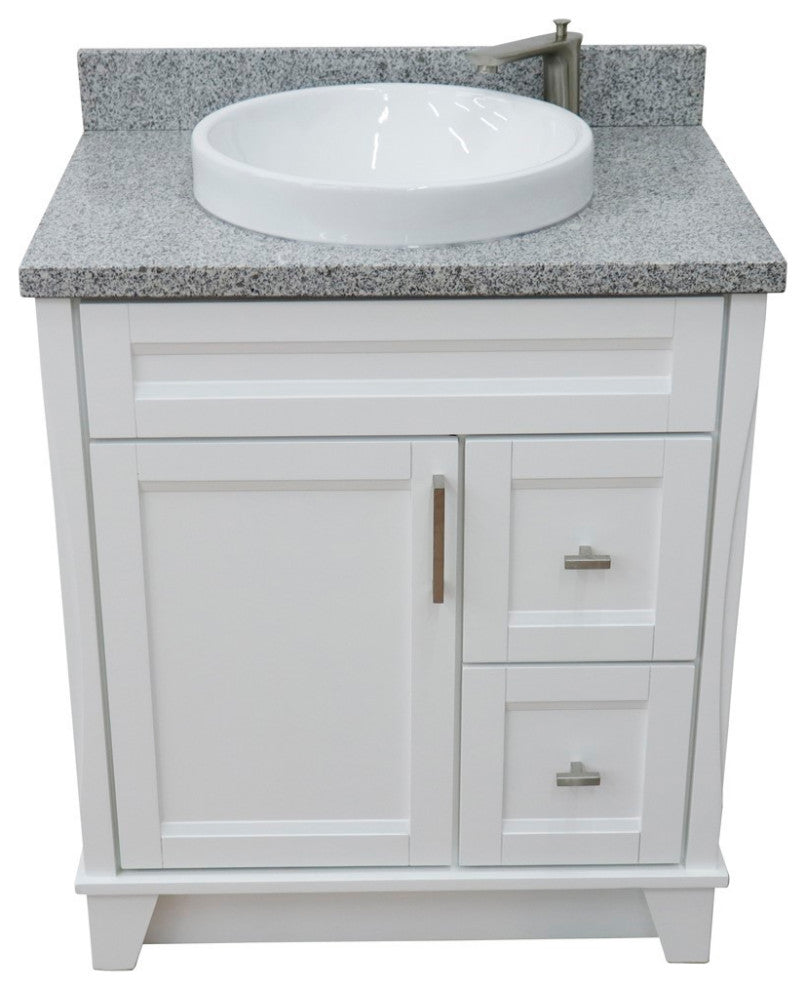 31" Single Sink Vanity, White Finish With Gray Granite With Round Sink