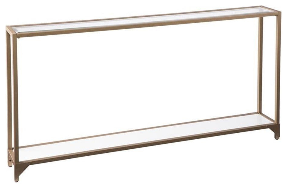 Maklaine Modern Narrow Metal Console in Gold with White Glass